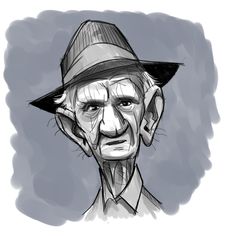 an old man with a hat on his head is drawn in black and white ink