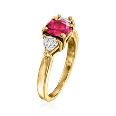 Ross-Simons - C. 1990 Vintage .94ct Ruby, .40ct t. w. Diamond Ring Oval Cut in 18kt Yellow Gold. Size 5.25. C. 1990. Searching for an exquisite ring to call your own? Then look no further! In this Estate collection beauty, a .94 carat oval ruby is held in place by four prominent prongs. A duo of .40 ct. t. w. triangular trillion-cut diamonds further enrich the precious design. Finely crafted in 18kt yellow gold. 1/4" wide. Diamond and ruby ring. Exclusive, one-of-a-kind Estate Jewelry. Ruby birt Classic Yellow Gold Ruby Ring Gia Certified, Classic Yellow Gold Gia Certified Ruby Ring, Gia Certified Classic Ruby Ring With Diamond Accents, Classic Yellow Gold Three Stone Ruby Ring, Classic Three Stone Round Ruby Ring, Classic Three Stone Ruby Ring In Yellow Gold, Classic Three Stone Yellow Gold Ruby Ring, Classic Three Stone Ruby Ring With Diamonds, Gia Certified Emerald Cut Ruby Ring