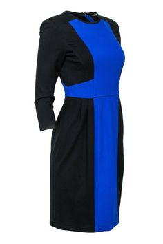 Go for a color block look the next time you step into the office! Made with a paneled design, this Nanette Lepore sheath will seriously jazz up any navy or black blazer, or go for a high-contrast look with your favorite creamy cardigan. Size 4 66% Viscose, 25% Nylon, 9% Elastane Sheath silhouette Rounded neckline Cropped sleeves Zippered back Pleated waste design Waist 29” Bust 32” Total length 38” Elegant Contrast Color Block Dresses, Elegant Color Block Dresses, Fitted Color Block Work Dresses, Fitted Color Block Dress For Work, Color Block Fitted Dress For Work, Black Color Block Dresses For Work, Blue Color Block Dress For Work, Fitted Blue Color Block Dress, Blue Panels