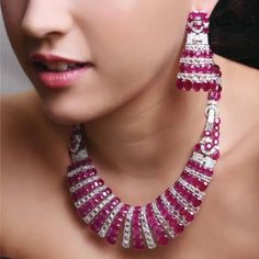 Art Deco Lab Ruby & Diamonds Necklace and Earring Set Wedding Jewelry 925 Silver Victor Wallpaper, Ruby Diamond Necklace, Indian Diamond Jewellery, Expensive Diamond, Rings Anniversary, Diamond Necklace Designs, Kids Wedding, Diamonds Necklace, Bridal Diamond Jewellery