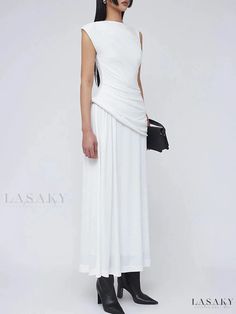 Folded Sleeve Midi Dress Elegant Draped Sleeveless Dress For Spring, Formal Summer Dresses With Draped Design, Formal Sheath Maxi Dress For Summer, Dressy Draped Midi Dress For Summer, Elegant Asymmetrical Maxi Dress For Summer, Summer Draped Dressy Midi Dress, Chic Sheath Asymmetrical Summer Dress, Chic Sleeveless Ruched Maxi Dress, Elegant Asymmetrical Sheath Dress For Summer