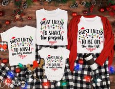 80 Quotes Most Likely to Christmas Shirts, Family Matching Tee, Funny Christmas Party Tee, Chritsmas Quotes 2024 Christmas Matching Pajamas, Matching Family Christmas Shirts, Long Sleeve t shirt, Xmas Gifts, Matching Christmas 2024 Long Sleeve, Christmas Cruise t shirts, Christmas Group Shirts, Family Christmas Pajamas tees 🎁 This shirt is perfect for Family Christmas pictures or matching family pajama sets! You'll love its softness and comfort! -The listing is for the shirt alone. Pants are not included. -For infants, the shirt is offered as a bodysuit, not a T-shirt. - Prepare your family for the holiday season with our personalized Family Christmas Name Shirts! Each shirt is elegantly monogrammed with your family name, adding a unique and special touch to your Christmas festivities. Pe Holiday Cotton Shirt, Cotton Shirt For The Holiday Season, Custom Christmas Shirts, Christmas Shirts Funny, Christmas Cruises, 100 Quotes, Family Matching Christmas, Family Christmas Pictures, Family Pajama Sets