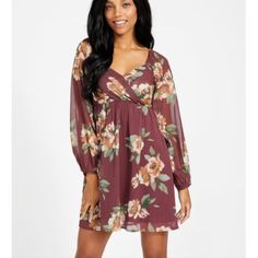 Beautiful Dress Fall Purple V-neck Dress, Chic Flowy Mauve Dress, Chic Mauve Dress For Date Night, Mauve Floral Print Midi Dress, Chic Mauve V-neck Mini Dress, Mauve Mini Dress For Spring Date Night, Chic Mauve Mini Dress For Date Night, Purple Long Sleeve Flowy Midi Dress, Purple Flowy Long Sleeve Midi Dress