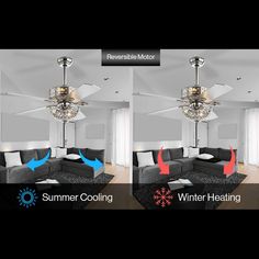 two images show the same living room in different stages of being cleaned and decorated with chandeliers