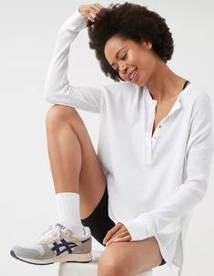 OFFLINE By Aerie Wow! Waffle Henley T-Shirt Waffle Henley, Aerie Offline, Henley Long Sleeve, Waffle Shirt, White Long Sleeve Top, Cute Preppy Outfits, Jeans Mom