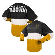 The Women's Fanatics Branded Black/Gold Boston Bruins Ombre Long Sleeve T-Shirt is the perfect way to show your support for the Boston Bruins. With its low-puff screen-print graphics and crew-neck collar, this shirt is both stylish and comfortable. The dropped shoulders, ribbed collar, and sleeve cuffs add a touch of sophistication, while the rounded hem ensures a flattering fit. Made from soft cotton, this shirt is perfect for any occasion, whether you're cheering on the Bruins at the game or j Cheap Long Sleeve Sports Fan T-shirt, Bruins Jersey, Long Sleeve T-shirt With Team Logo For Fan Gear, Boston Bruins Sweatshirt, Long Sleeve T-shirt For Sports Fan Merchandise, Boston Bruins, Neck Collar, Womens Clothing Tops, Long Sleeve Tshirt