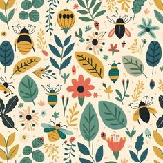 a pattern with bugs, flowers and leaves on it's sides in yellow, green, blue, pink and orange colors