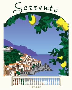 a poster with the words sorrento in italian and an image of a town