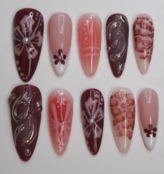 Press on Nails Cool Long Nails, Simple Fall Almond Nails, Autumn Nail Inspiration, Fall Winter Nails, Fall Gel X Nails, Earthy Tone Nails, Pomegranate Nails, Japanese Inspired Nails, Nails Inspo Acrylic