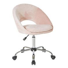 an office chair with wheels and a pink upholstered seat on a white background