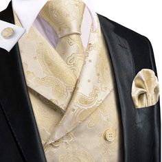 FEATURES Includes: Waistcoat, Necktie, Pocket Square and Cufflinks Material: 100% Handmade Silk Occasion: Wedding, Party, Business, Daily Look Gives your wardrobe an upscale look Free Worldwide Shipping Waistcoat Suit, Business Vest, Bow Tie Shirt, Silk Vest, Gold Paisley, Dress Vest, Vest Set, Party Business, Formal Suit