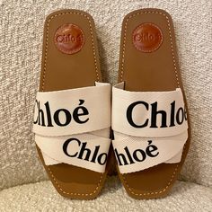 Chloe “Woody” Slides -Chic Square Toe -Slip On Style -Criss Cross Woven Canvas Bands With Printed Bold Logo Letters -Size Eu 37 (I Wear A True Size 7 And These Fit Me Perfectly) -Brand New, Never Worn, Perfect Condition -Come With Shoe Dust Bags -Retail Is Now $490! Chloe Flip Flops, Designer Brown Slides For Spring, Chic Brown Slides With Round Toe, Chic Beige Sandals With Rubber Sole, Chic Brown Round Toe Slides, Chic Slides With Branded Insole And Flat Heel, Chloe Slides, Chloe Woody Sandals, Christian Dior Slides