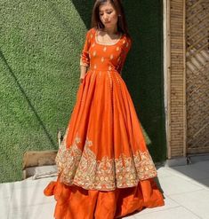 Orange Indian Outfit, Frock Suit Anarkali, Flare Long Gown, Flair Gown, Embroidered Salwar, Orange Suit, Latest Bridal Dresses, Drape Gowns