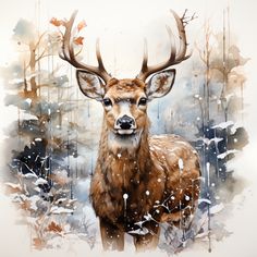 a painting of a deer standing in the snow