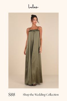 Your style will be admired at any event when you wear the Lulus Modern Poise Olive Green Satin Pleated Sleeveless Maxi Dress! Sleek woven satin shapes this chic and contemporary dress that has adjustable spaghetti straps and a straight neckline. Large pleated details accent the front and back, lending a swingy quality to the sack-style shift silhouette as it falls to a maxi hem. Hidden zipper/clasp at back. Fit: This garment fits true to size. Length: Floor length. Bust: Great for any cup size. Contemporary Dress, Contemporary Dresses, Maxi Skirt Dress, Bridal Party Dresses, Straight Neckline, Green Satin, Sleeveless Maxi Dress, Cup Size, Dress 100