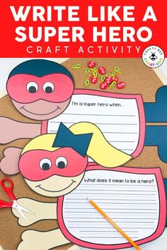 a paper cut out with scissors and writing on it that says write like a super hero craft activity