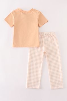 This adorable boy set features a playful orange pumpkin applique on a trendy plaid pattern. Perfect for fall festivities and spooktacular fun. Get your little one ready for the season in style. (Don't be basic, choose this unique set!) Top: 95%COTTON5%SPANDEX Pants: 50%Cotton 50%Spandex 120537 Pumpkin Applique, Sequin Crafts, Plaid And Leopard, Fall Festivities, Spandex Pants, Orange Pumpkin, Boys Set, Sequins Embroidery, Loungewear Sets