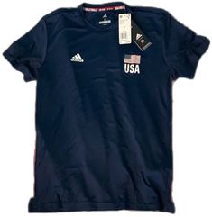 Usa Volleyball, Blue Short Sleeve Shirt, Volleyball Tshirts, Navy Blue Shorts, Adidas Tops, Blue Adidas, Olympic Games, Tshirt Colors, Adidas Women