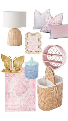 a collage of pink, blue and gold items including baskets, pillows, lamps, and other decorative items