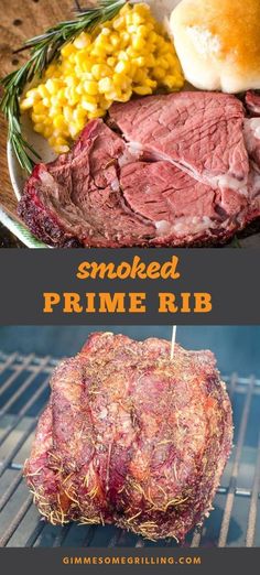 corn on the cob and smoked prime rib steak with text overlay that reads smoked prime rib