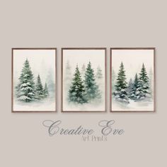 three watercolor paintings depicting evergreen trees in winter, with the words creative eye art prints