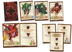 six cards with different designs on them, all showing the same character's abilities