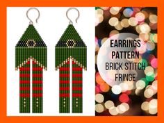 the earrings pattern for brick stitch fringe is shown on an orange background with boket lights