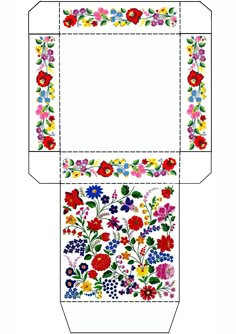 an open box with colorful flowers and leaves on the side, cut out from paper