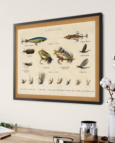 an old fishing print hangs on the wall above a desk