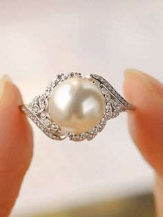 Blanco Elegante,Glamour,De moda Collar  Plata de Ley 925  Anillo Sencillo Embellished Pearl Engagement Ring Set, Pearl Engagement Ring, Single Ring, American Fashion, Jewelry For Women, Engagement Wedding, Pearl Ring, American Style, Bridal Jewelry