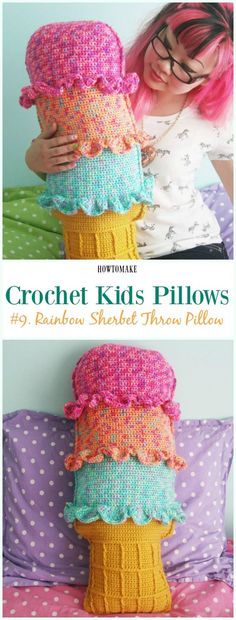 the crochet kids pillows are made with different colors and sizes, including pinks,