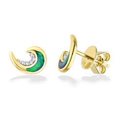 14K Yellow Gold Ocean Swell Stud Earrings with Opal Inlay and 0.05 Carats (total weight) of Diamonds. The earrings measure approximately 3/8". Opal Stud Earrings, Opal Earrings Stud, Opal Studs, Fine Jewels, Hawaii, Opal, Diamonds, White Gold, Yellow Gold