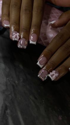 Cute Birthday Nail Sets Short, French Tips With Design Short, Short Nail Designs Charms, Short French Tip Nails With Rhinestones, White Nail Inspo Short, Birthday Nail Designs Short, Hoco Nails Short, 20th Birthday Nail Ideas, Scorpio Birthday Nails