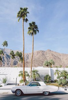 an old car parked in front of a palm tree lined building with mountains in the background