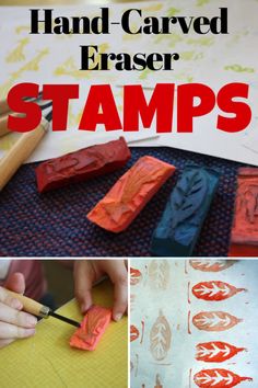 hand - carved eraser stamps are an easy and fun way to teach kids about stamping