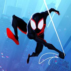 spider - man into the spider - verse is flying through the air in front of city buildings