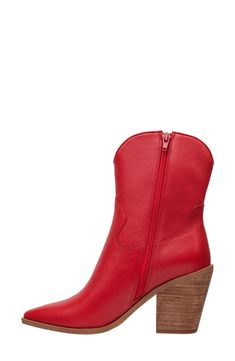 Classic Western details lend trendsetting appeal to a leather bootie balanced by a pointed toe and stacked block heel. 3 1/2" heel 7" shaft Cushioned footbed Slip-resistant sole Leather upper/textile lining/rubber sole Imported Spring Ankle Boots With Red Sole, Fall Heeled Boots With Red Sole And Pointed Toe, Fall Boots With Red Sole And Pointed Toe, Fall Pointed Toe Boots With Red Sole, Red Leather Boots For Spring, Red Block Heel Boots For Spring, Red Wide Calf Heeled Boots For Fall, Bold Leather Heels For Fall, Fall Boots With Red Sole And Snip Toe