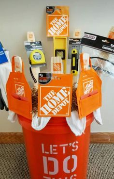 the home depot bucket is full of items to help keep your house clean and organized