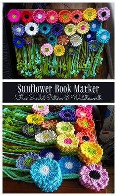 the sunflower book marker is made from crocheted yarn and has flowers on it