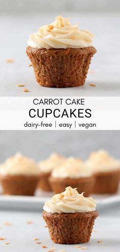 carrot cake cupcakes with cream cheese frosting on top and the title above it