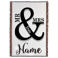 the mr and mrs personalized throw blanket is shown in black on white with an orange border