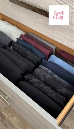 Folded leggings Organize Pants In Drawers, Yoga Pant Organization, Organizing Pajama Drawer, Drawer Organization For Clothes, Fold Pants In Drawers, Deep Clothes Drawer Organization, Drawer Folding Organization, Leggings Organization Drawer, How To Store Leggings In Drawer