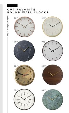 a bunch of clocks that are all different colors and sizes on the same clock face