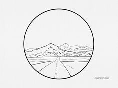 a black and white drawing of a road in the middle of a desert with mountains behind it