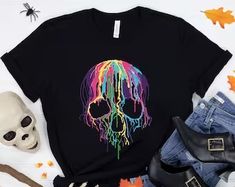 Melting Skull T-shirt, Dripping Colorful Skull Graphic Tee Shirt - Etsy Halloween Multicolor Skull Print Tops, Multicolor Skull Print Tops For Halloween, Colorful Skulls, Skull Graphic, Wolf T Shirt, Pet Shirts, Skull T Shirt, Graphic Tee Shirt, Skull Tshirt