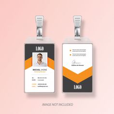 two id cards with orange and black accents