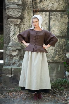 "Perfect occasion to feel yourself \"A Girl With a Pearl Earring\" or the 1700s witch. The jacket is made after English and Dutch 1630s patterns, the matching skirt and the apron are the markers of the working woman - maybe a maid or a wife of the artisan. The costume consists of the jacket, skirt and apron. The headwear is to be purchased separately. The jacket is inspired by 'A Girl with a Pearl Earring' film costume. It is made of brown linen and is fully lined. The jacket closes on front lac Historical Victorian Dress With Buttons, Victorian Dress With Buttons For Costume, Long Sleeve Victorian Dress For Larp, Historical Victorian Dress For Larp, Historical Prairie Dress Costume, Vintage Prairie Dress For Costume Events, Vintage Victorian Dress For Larp, Medieval Style Victorian Long Sleeve Dress, Victorian Long Sleeve Dress With Historical Design