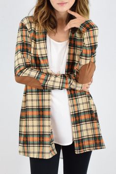 94% Polyester 6% Spandex Made in the USA Last piece Patch Cardigan, Elbow Patch, Brown Plaid, Elbow Patches, Green Plaid, Lounge Pants, Made In The Usa, Fall Fashion, Women's Plaid Shirt