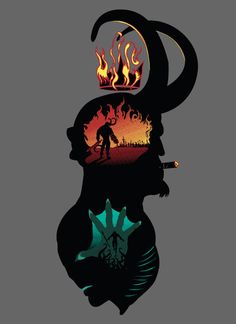 the silhouette of a man standing in front of a fire with flames coming out of his head