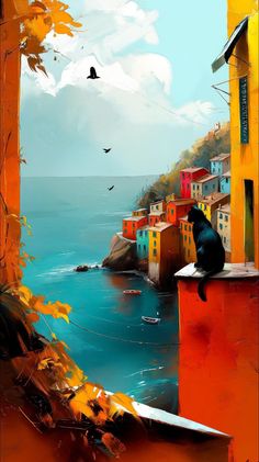 a painting of a cat sitting on a ledge looking out at the ocean and houses